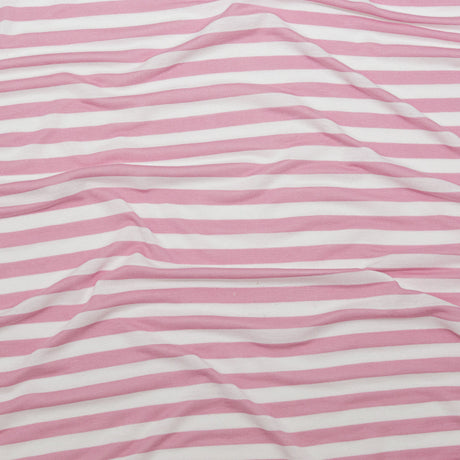 Pressed Rosebloom and Bright White Bengal Striped Polyester Jersey