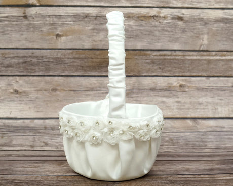Ivory Rose Flower Satin Wedding Flower Girl Basket 6x8 Inch