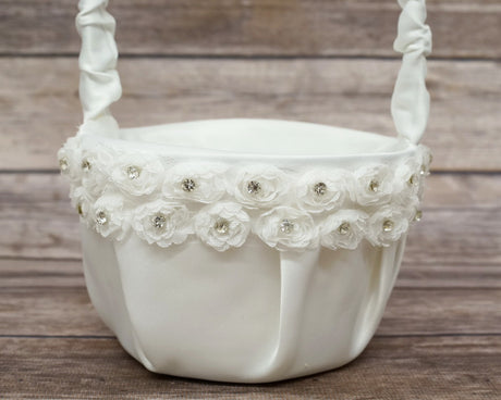 Ivory Rose Flower Satin Wedding Flower Girl Basket 6x8 Inch