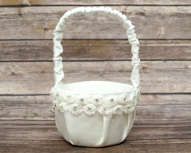 Ivory Rose Flower Satin Wedding Flower Girl Basket 6x8 Inch