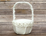 Ivory Rose Flower Satin Wedding Flower Girl Basket 6x8 Inch