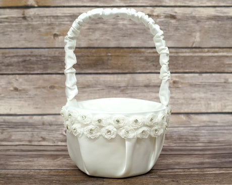 Ivory Rose Flower Satin Wedding Flower Girl Basket 6x8 Inch