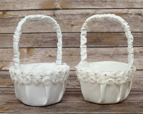 White Rose Flower Satin Wedding Flower Girl Basket 6x8 Inch