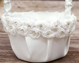White Rose Flower Satin Wedding Flower Girl Basket 6x8 Inch