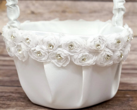 White Rose Flower Satin Wedding Flower Girl Basket 6x8 Inch