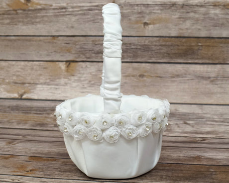 White Rose Flower Satin Wedding Flower Girl Basket 6x8 Inch