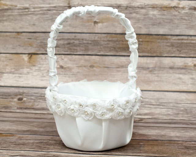 White Rose Flower Satin Wedding Flower Girl Basket 6x8 Inch