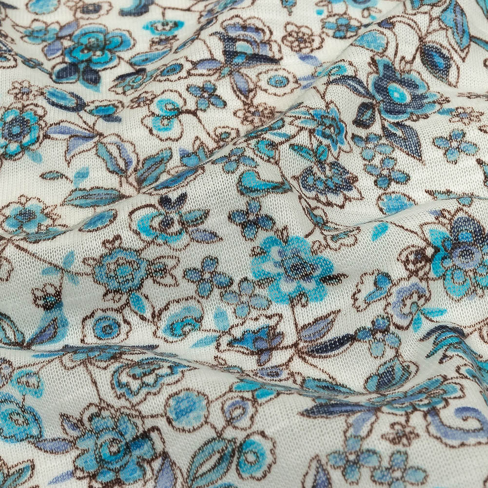 Italian Blue, Turquoise and White Floral Polyester Jersey