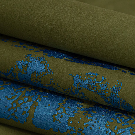 Avocado Green Duchesse Satin with Metallic Stellar Blue Striped Border Print