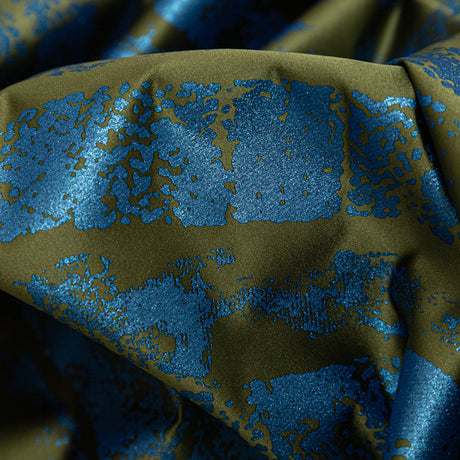 Avocado Green Duchesse Satin with Metallic Stellar Blue Striped Border Print