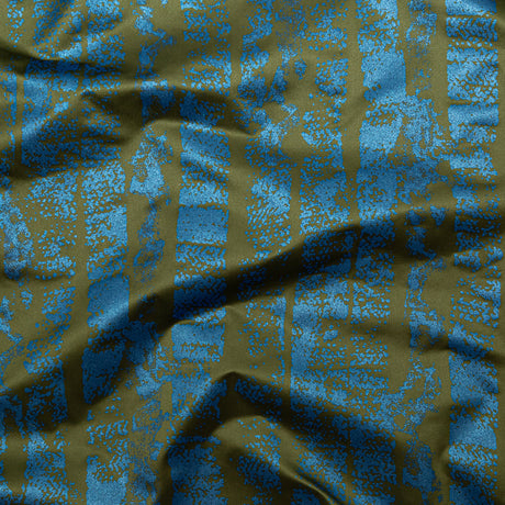 Avocado Green Duchesse Satin with Metallic Stellar Blue Striped Border Print