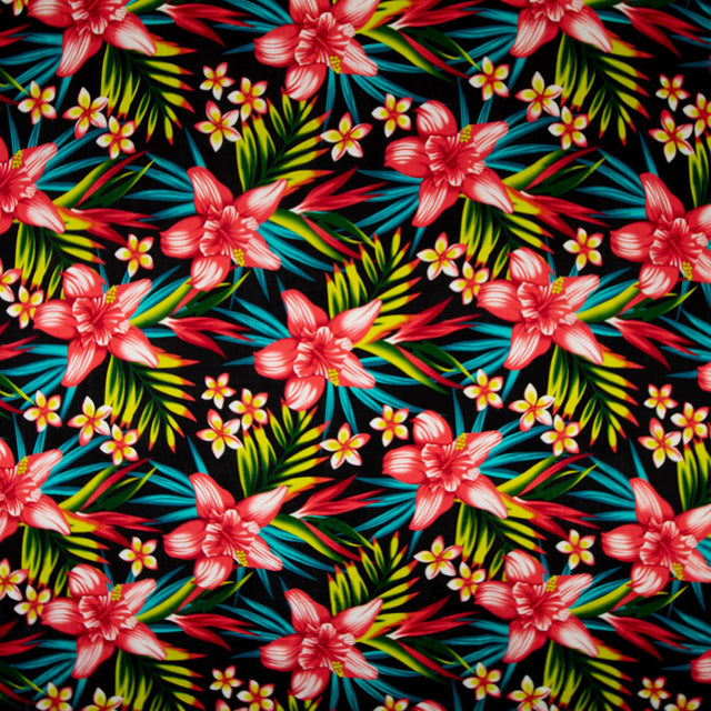 Hippeastrum Plumeria Birds Of Paradise Palm Leaves Rayon Fabric - Tropical Floral Print, 45" Width (1 Yard)