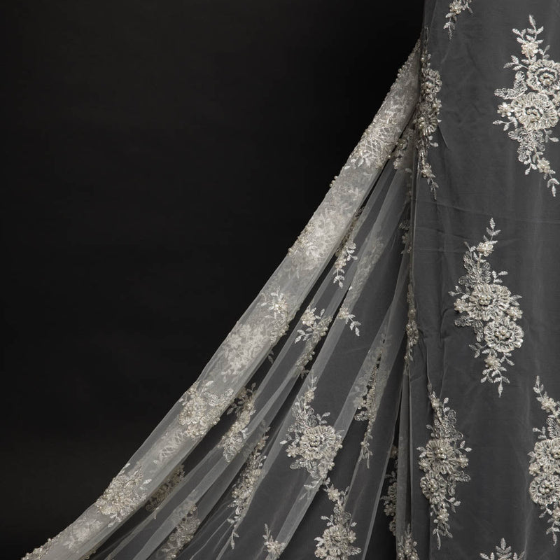 1 Yard Embroidered Tulle Lace Fabric 50/52" Wide, Elegant Exquisite Design for Dressmaking & Decor