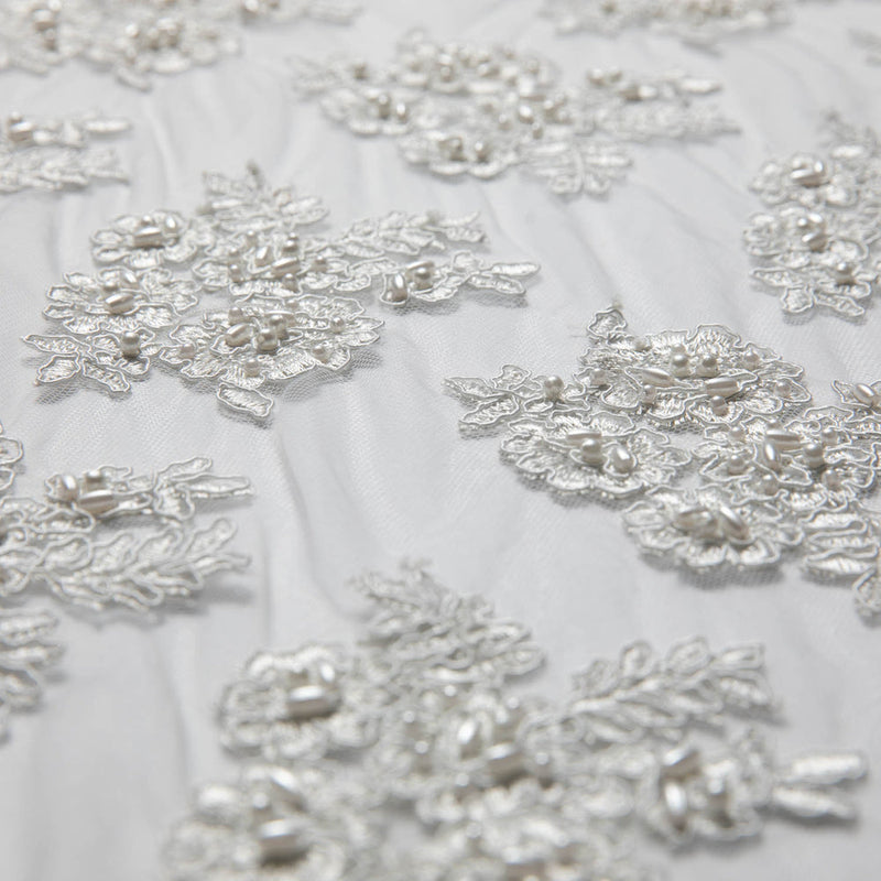 1 Yard Tulle Lace Fabric with Beads and Floral Embroidery – 52/54" Wide Designer Textile