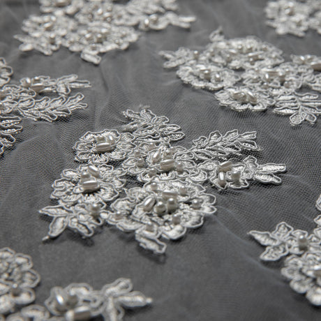 1 Yard Tulle Lace Fabric Embroidered with Beads and Floral Design 52/54" Wide