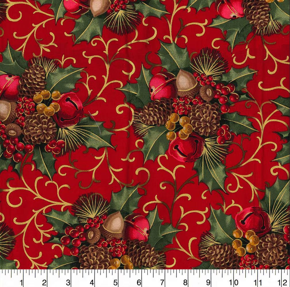 Quilting Cotton Christmas Red Glitter Berries & Bells