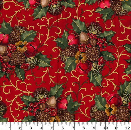 Quilting Cotton Christmas Red Glitter Berries & Bells