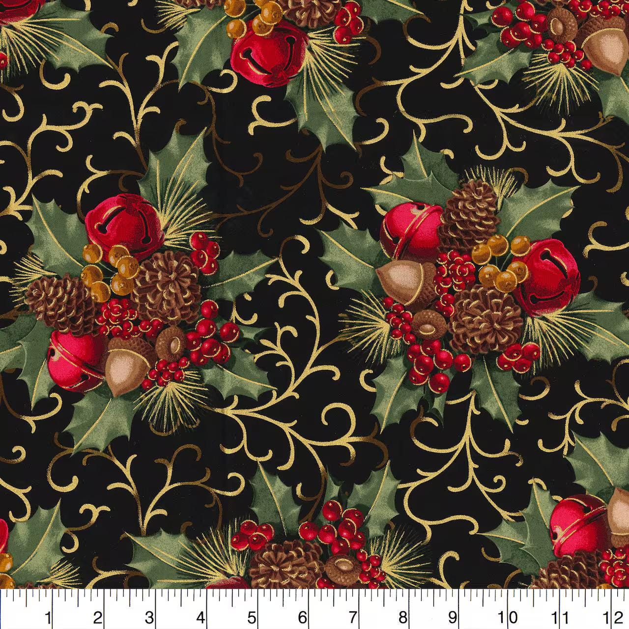 Quilting Cotton Christmas Black Glitter Berries & Bells