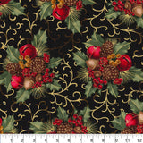 Quilting Cotton Christmas Black Glitter Berries & Bells