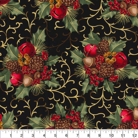 Quilting Cotton Christmas Black Glitter Berries & Bells