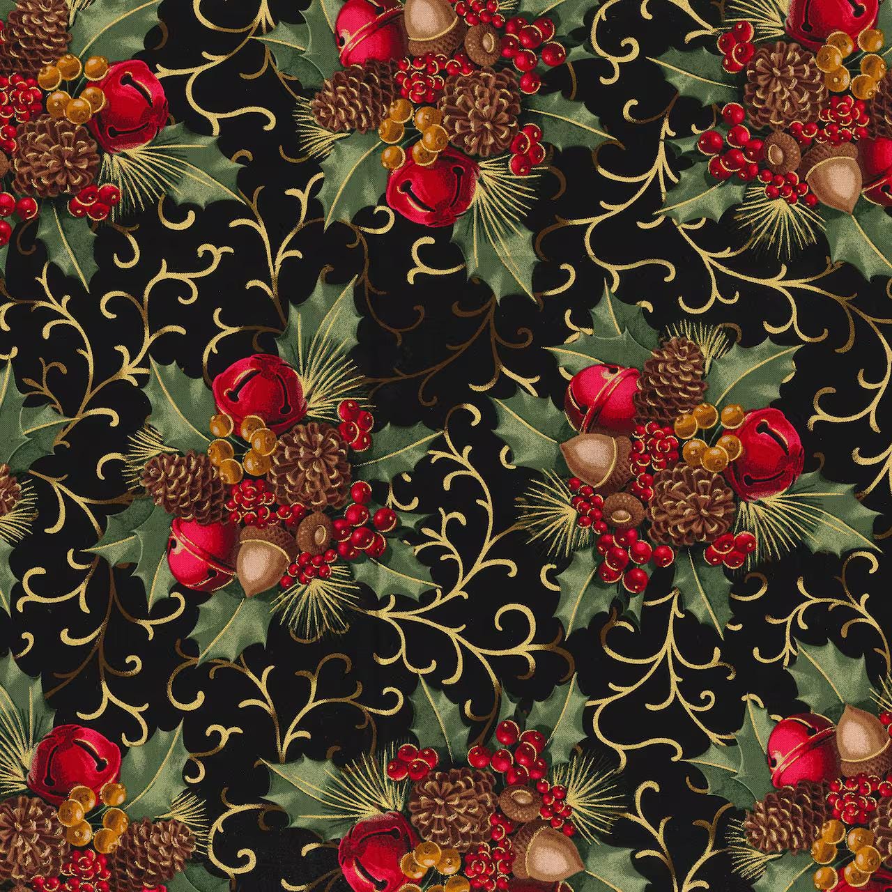 Quilting Cotton Christmas Black Glitter Berries & Bells