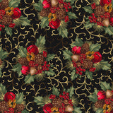 Quilting Cotton Christmas Black Glitter Berries & Bells