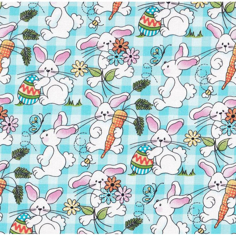 Quilting Cotton Bunnies on Teal Plaid Easter Fabric