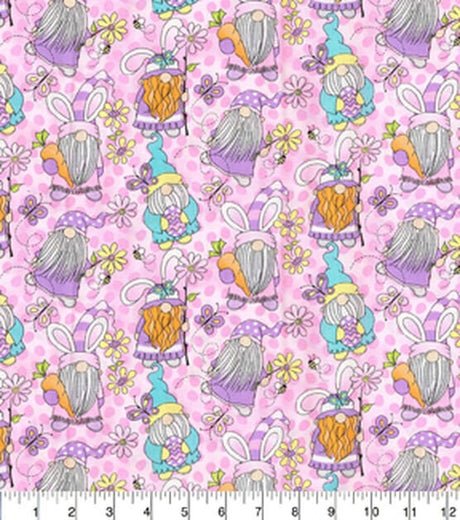 Quilting Cotton Easter Gnomes on Pink Fabric