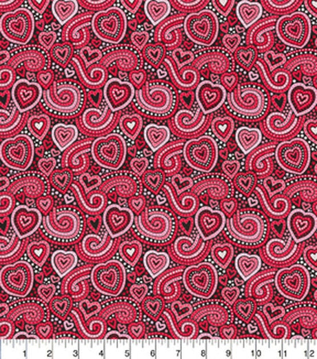 Quilting Cotton Paisley Hearts Black Valentine’s Day Fabric