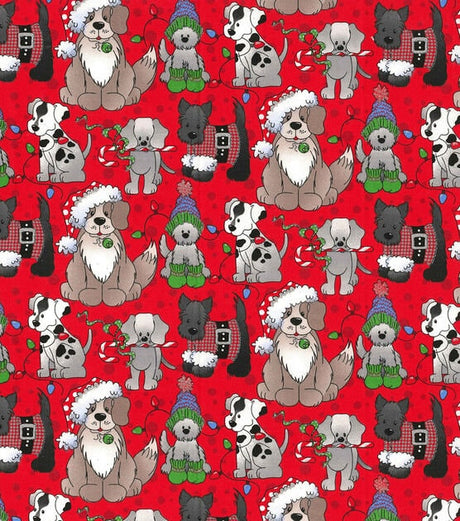 Quilting Cotton Pups on Red Christmas Fabric