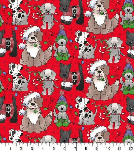 Quilting Cotton Pups on Red Christmas Fabric