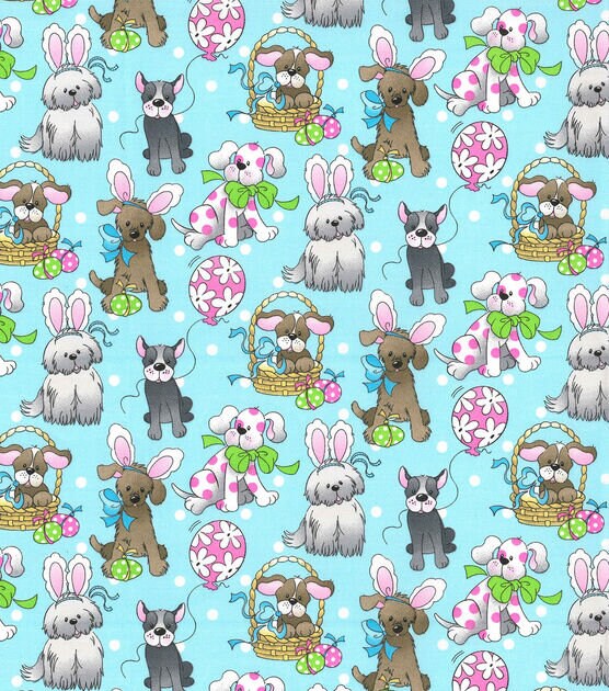 Quilting Cotton Spring Holiday Pups Blue Easter Fabric