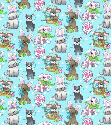 Quilting Cotton Spring Holiday Pups Blue Easter Fabric