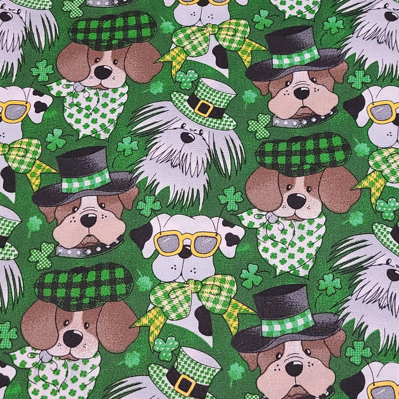 Quilting Cotton St. Patricks Day Dog on Green Fabric