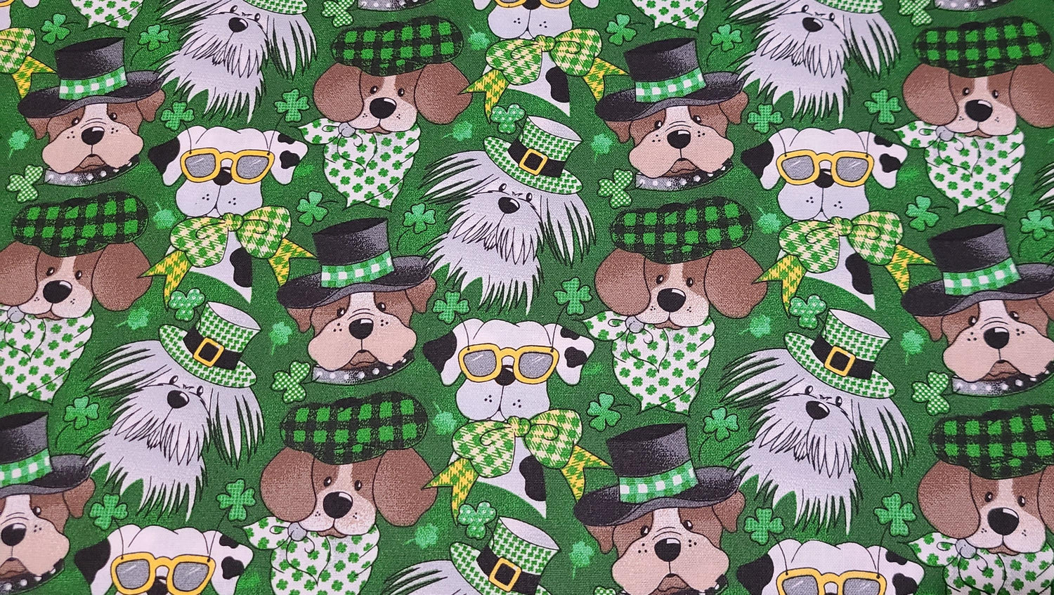Quilting Cotton St. Patricks Day Dog on Green Fabric