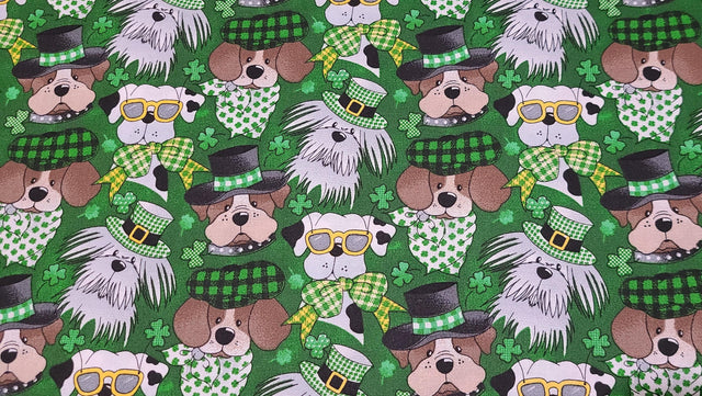 Quilting Cotton St. Patricks Day Dog on Green Fabric