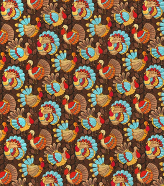Quilting Cotton Fall Teal Turkeys on Brown Fabric