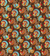 Quilting Cotton Fall Teal Turkeys on Brown Fabric