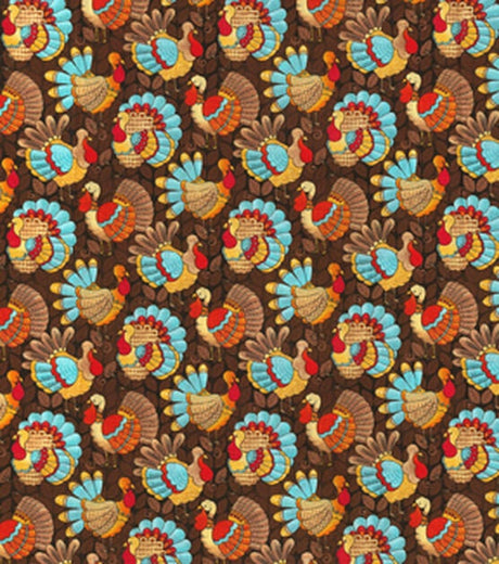 Quilting Cotton Fall Teal Turkeys on Brown Fabric