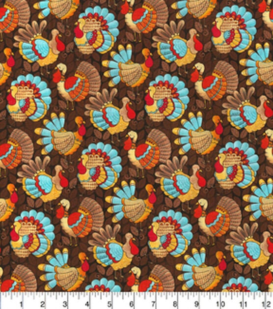 Quilting Cotton Fall Teal Turkeys on Brown Fabric