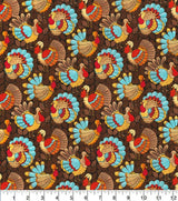 Quilting Cotton Fall Teal Turkeys on Brown Fabric