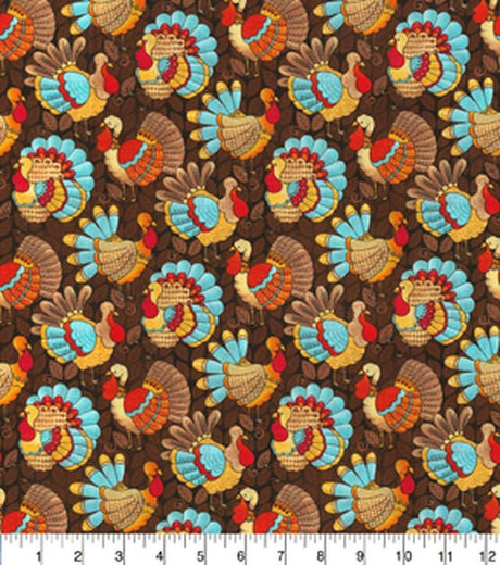 Quilting Cotton Fall Teal Turkeys on Brown Fabric