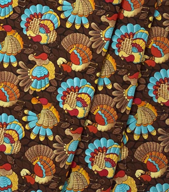 Quilting Cotton Fall Teal Turkeys on Brown Fabric