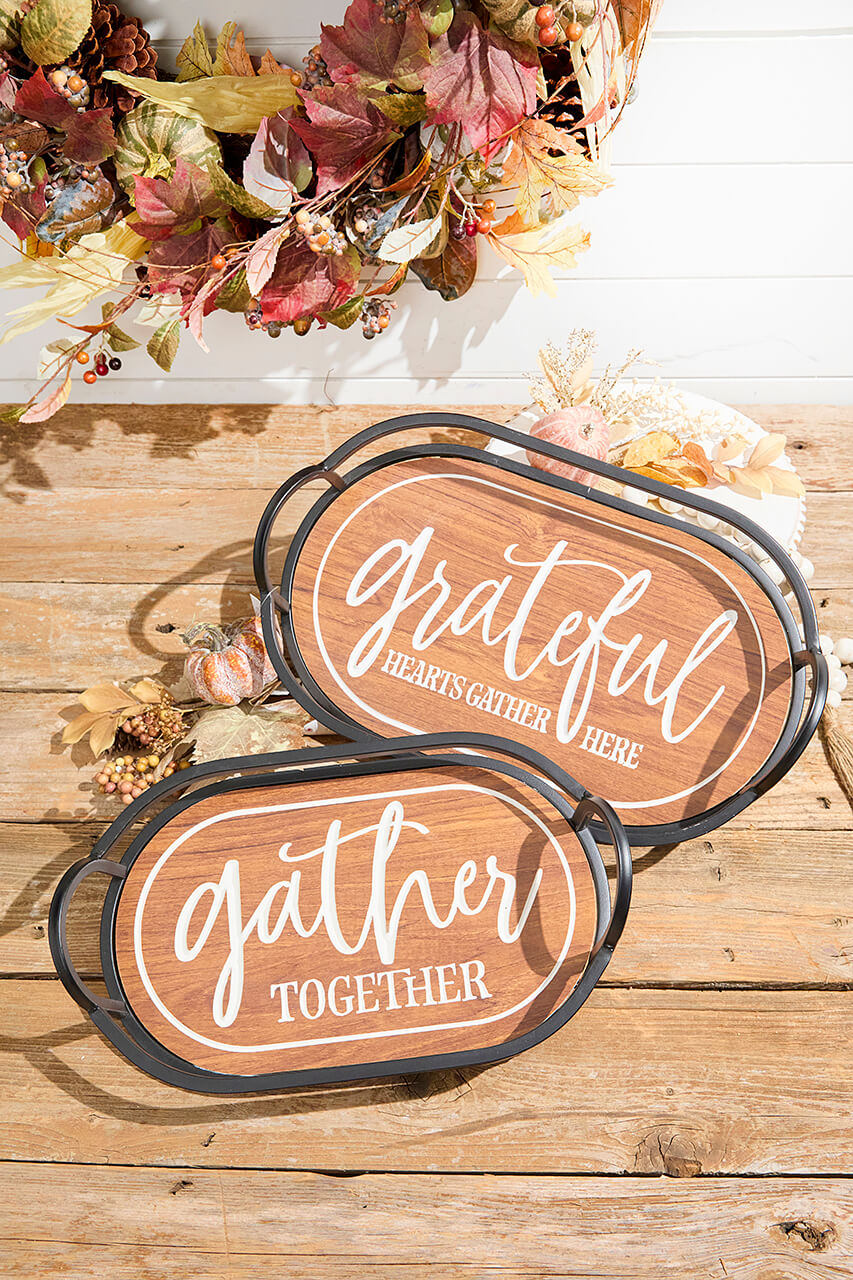 Metal & Engraved Wood Harvest Design Tray - Set of 2