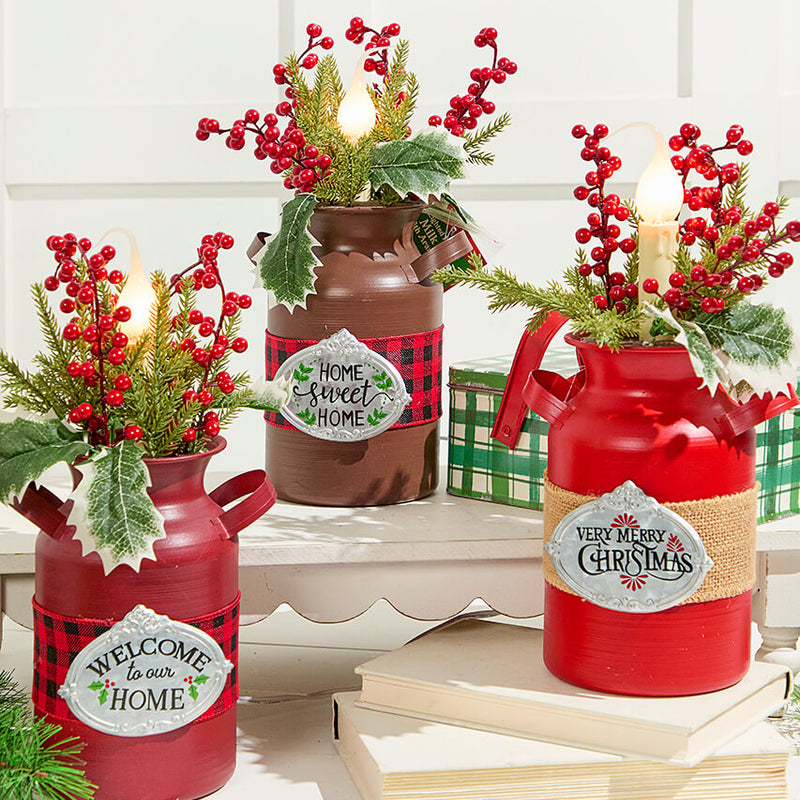 12" Lighted Metal Milk Can with Pine & Berry Arrangement
