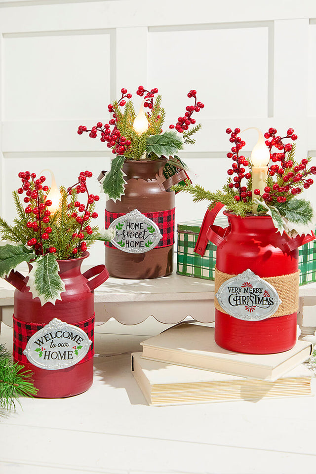 12" Lighted Metal Milk Can with Pine & Berry Arrangement