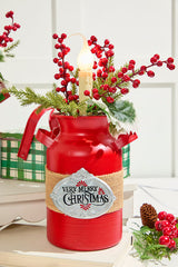 12" Lighted Metal Milk Can with Pine & Berry Arrangement