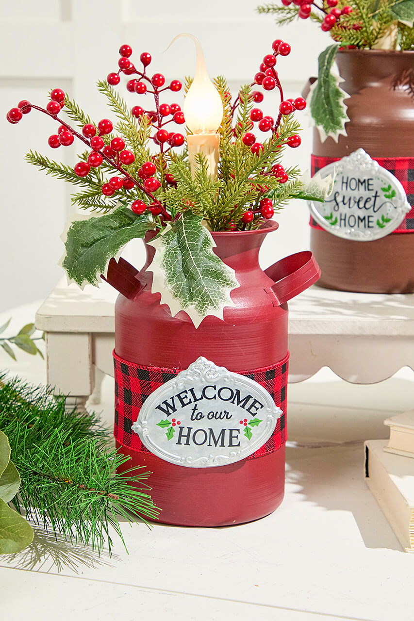 12" Lighted Metal Milk Can with Pine & Berry Arrangement