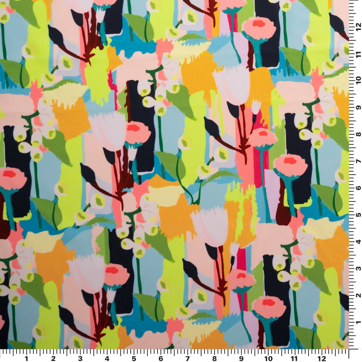 Fauvist Flower Garden Nylon Spandex Fabric - Blue Floral Garden Print, 55/56" Width (1 Yard)