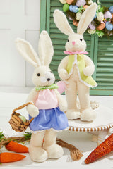 17" Felt Bunny with Egg Easter Spring Decorative Figurine Boy and Girl Bunny Set with Pastel Details and Basket Accent for Seasonal Home Decor